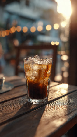 Glass of cola with ice cubes on a wooden table in a cafe