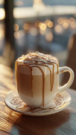 Coffee cup with caramel on wooden table in coffee shop.の写真素材
