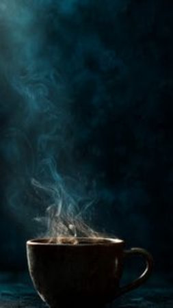 Cup of coffee with smoke on a dark background. Copy space.の写真素材
