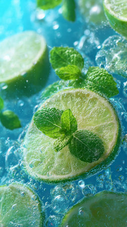 Mojito cocktail with lime and mint on blue background, close upの写真素材