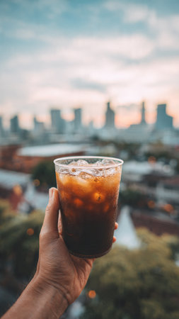 Iced americano coffee in hand with cityscape view background.の写真素材