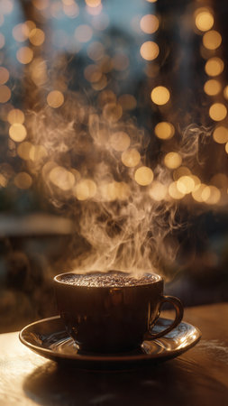 Cup of coffee on the table in cafe with bokeh backgroundの写真素材