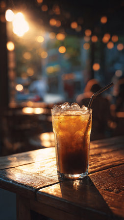 Glass of cola with ice on wooden table in coffee shop.の写真素材