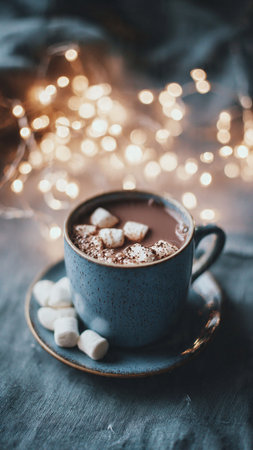 Cup of hot chocolate with marshmallows and bokeh lights