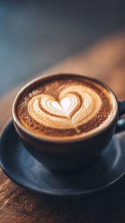Coffee cup with heart shape latte art on wooden table
