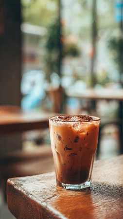 Iced coffee in glass on wood table in coffee shop, stock photoの写真素材