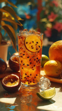 A glass of ice tea with lemon and oranges on the table.