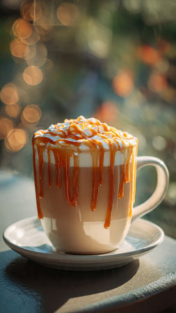 Cup of cappuccino with whipped cream and caramel sauceの写真素材