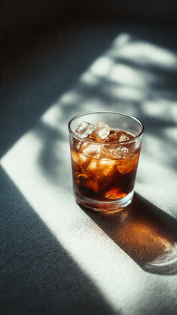 Cola with ice cubes in a glass on a gray background with sunlightの写真素材