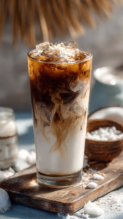 Iced coffee with whipped cream in tall glass, selective focus imageの写真素材