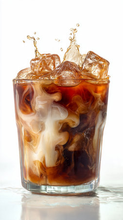Ice cubes falling into glass of cola with splash on white background