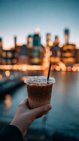 Iced coffee in hand on the background of New York City.の写真素材
