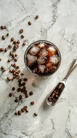 Coffee in a glass with ice cubes on a marble backgroundの写真素材