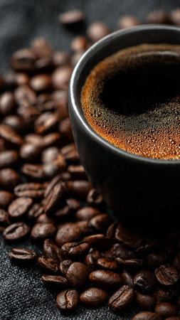 Coffee cup and coffee beans on dark background, closeupの写真素材