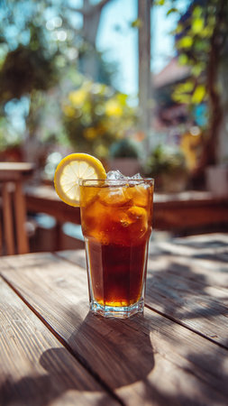 Glass of cola with ice cubes and lemon slice on wooden tableの写真素材