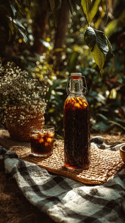Iced tea in a glass on a table in the garden