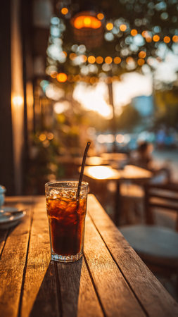Iced cola in a glass on a wooden table in a cafeの写真素材