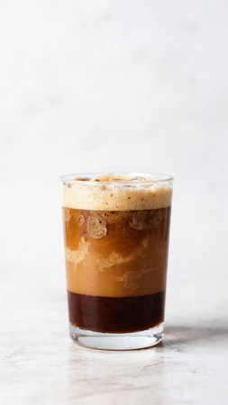 Iced coffee in a glass on a white background. Selective focus.