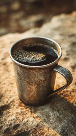 Coffee cup on the stone, vintage style, selective focusの写真素材