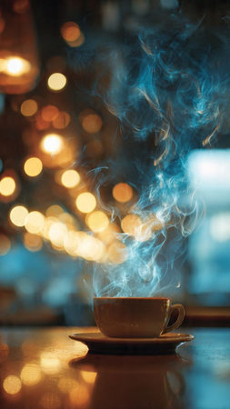 Cup of coffee on a table in a cafe with bokeh backgroundの写真素材