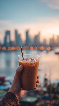 Iced coffee in hand on blurred background of cityscape at sunsetの写真素材