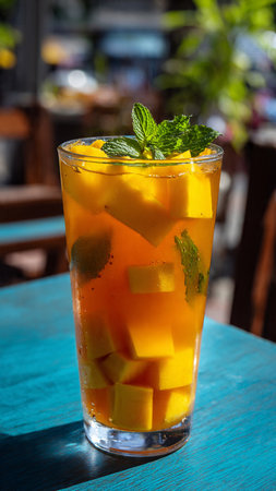 Mango ice tea in a glass on a blue wooden table.の写真素材