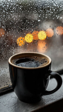 Cup of coffee on rainy day with raindrops on window.の写真素材