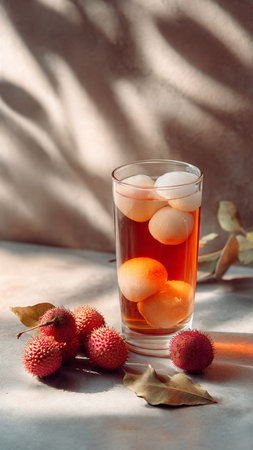 Lychee juice in a glass with fruits on a light backgroundの写真素材