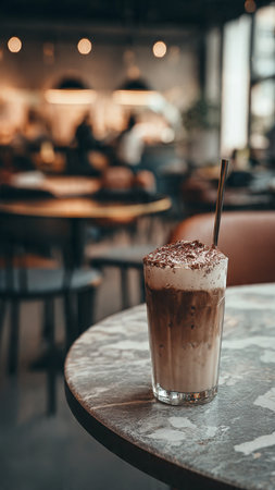 Iced chocolate with whipped cream on a wooden table in a cafeの写真素材