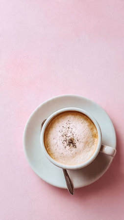 Cup of cappuccino on pastel pink background.の写真素材