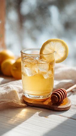 Glass of lemonade with fresh lemons and honey on wooden tableの写真素材