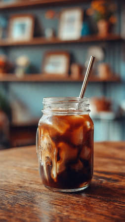 Iced coffee in a glass jar with a straw on a wooden tableの写真素材