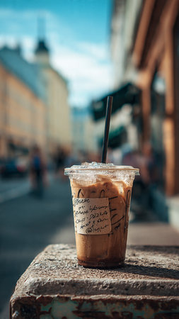 Iced coffee in plastic cup on the street in Prague, Czech Republicの写真素材