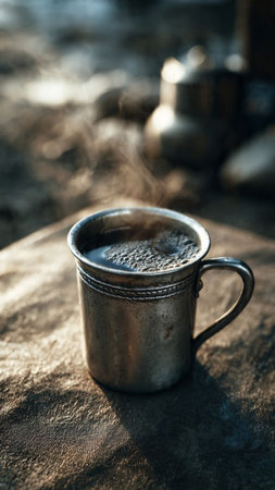 Coffee in a metal mug on a wooden table. Vintage style.の写真素材