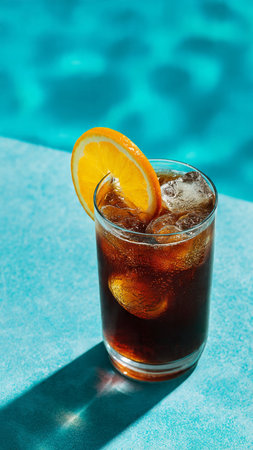 Glass of cola with ice cubes and slice of orange on blue tableの写真素材