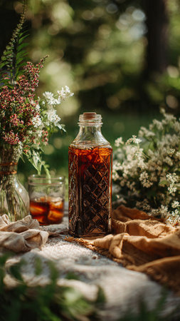 A bottle of iced tea on a table in the garden.