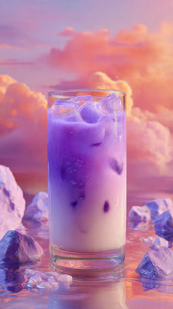 Iced milk tea in a glass with ice cubes on the background of sunset skyの写真素材