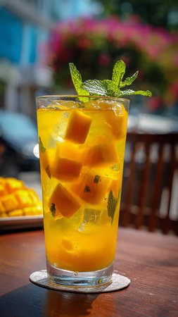 Mango cocktail with ice and mint on a table in a restaurantの写真素材