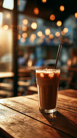 Iced coffee in a glass on the table in a cafe.の写真素材