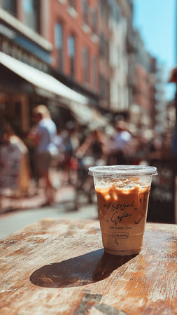 Iced coffee in a disposable cup on a wooden table in the cityの写真素材