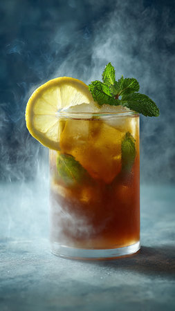 Cuba libre cocktail with lemon, mint and ice on blue backgroundの写真素材