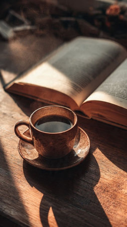 A cup of coffee and an open book on a wooden table.の写真素材