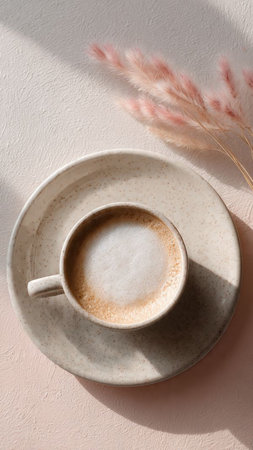 Cup of coffee and dried flowers on a white wall background.の写真素材