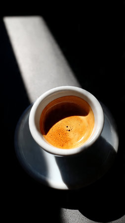 Coffee in a white cup on a black background with shadowの写真素材