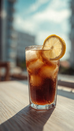 Glass of cola with ice cubes and lemon slice on wooden tableの写真素材