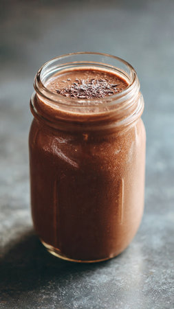 Chocolate mousse in glass jar on grey background, closeupの写真素材