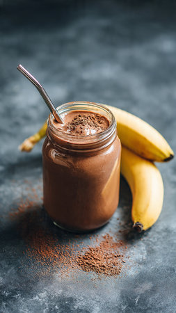 Chocolate banana smoothie in a glass jar with cocoa powder on dark backgroundの写真素材