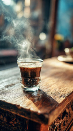 Coffee in a small glass on a wooden table in a cafeの写真素材