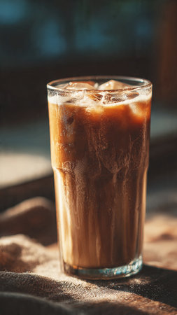 Iced coffee in a glass on a wooden table, selective focus