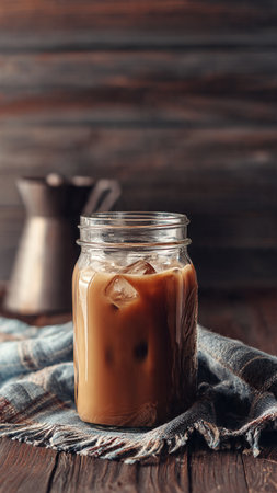 Iced coffee with milk in glass jar on rustic wooden backgroundの写真素材